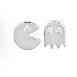 NEW Mismatch 14k White Gold Diamond Accent Pac-Man and Ghost‎ Stud Earrings